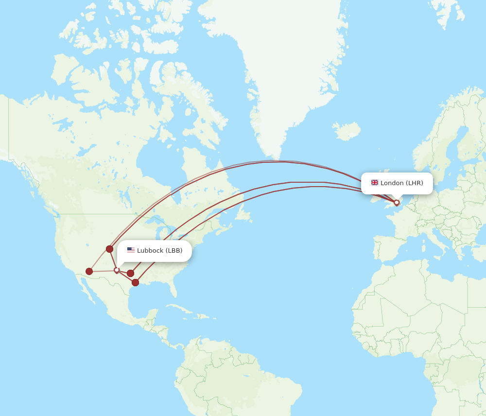 LBB to LHR flights and routes map