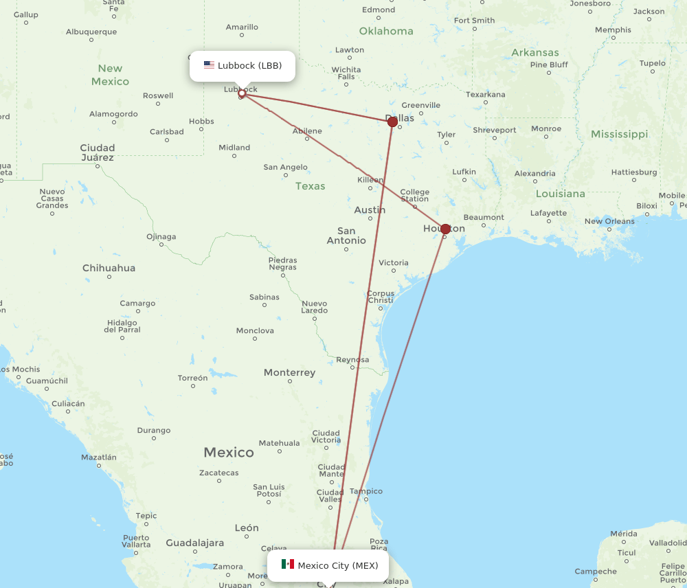 LBB to MEX flights and routes map