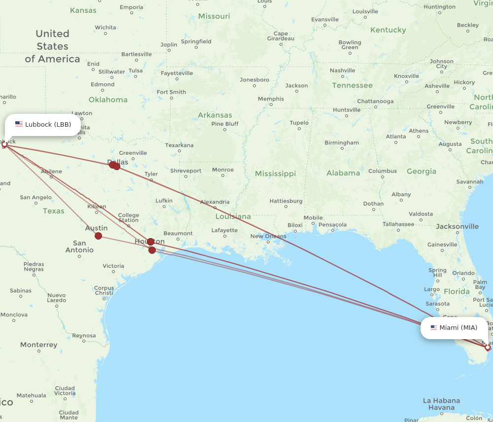 LBB-MIA flight routes