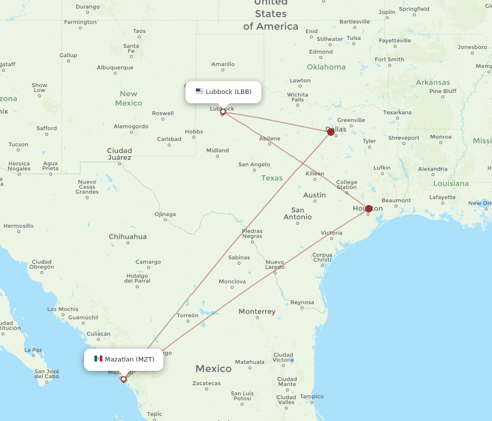 LBB to MZT flights and routes map