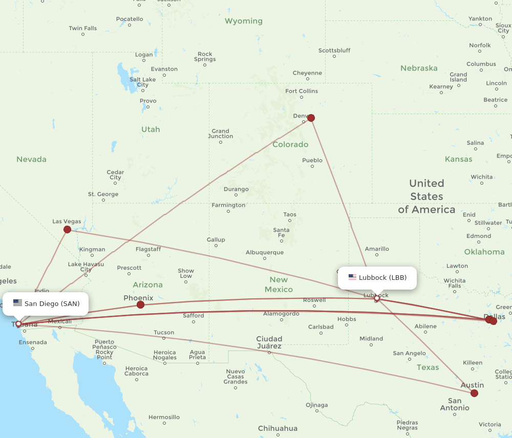 LBB to SAN flights and routes map