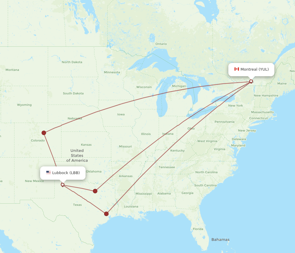 LBB to YUL flights and routes map