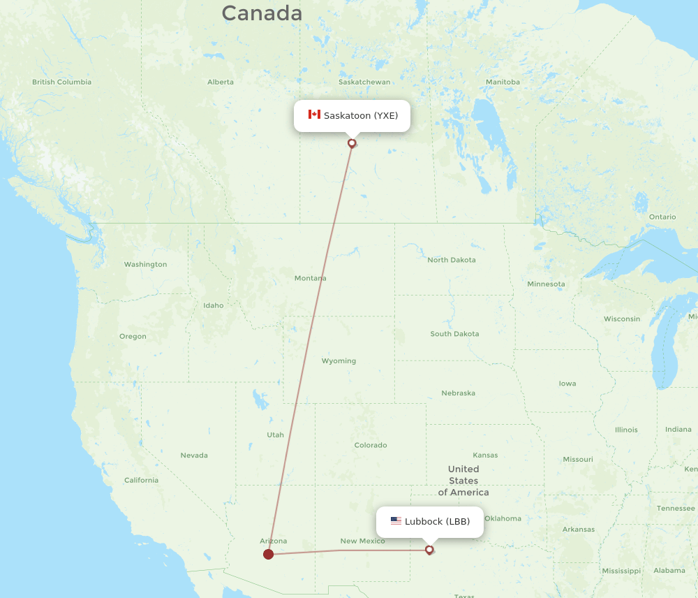 Lubbock - Saskatoon route map and flight paths