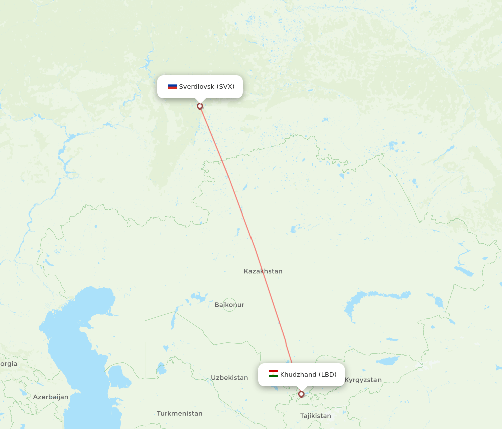 Khujand - Yekaterinburg route map and flight paths