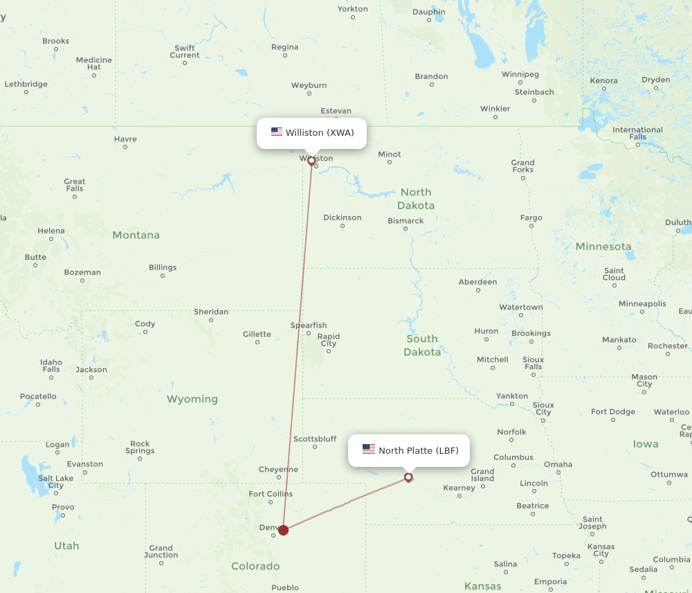 LBF to XWA flights and routes map