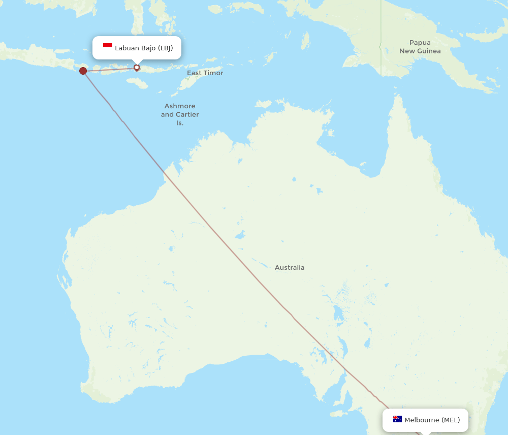 Melbourne - Labuan Bajo route map and flight paths