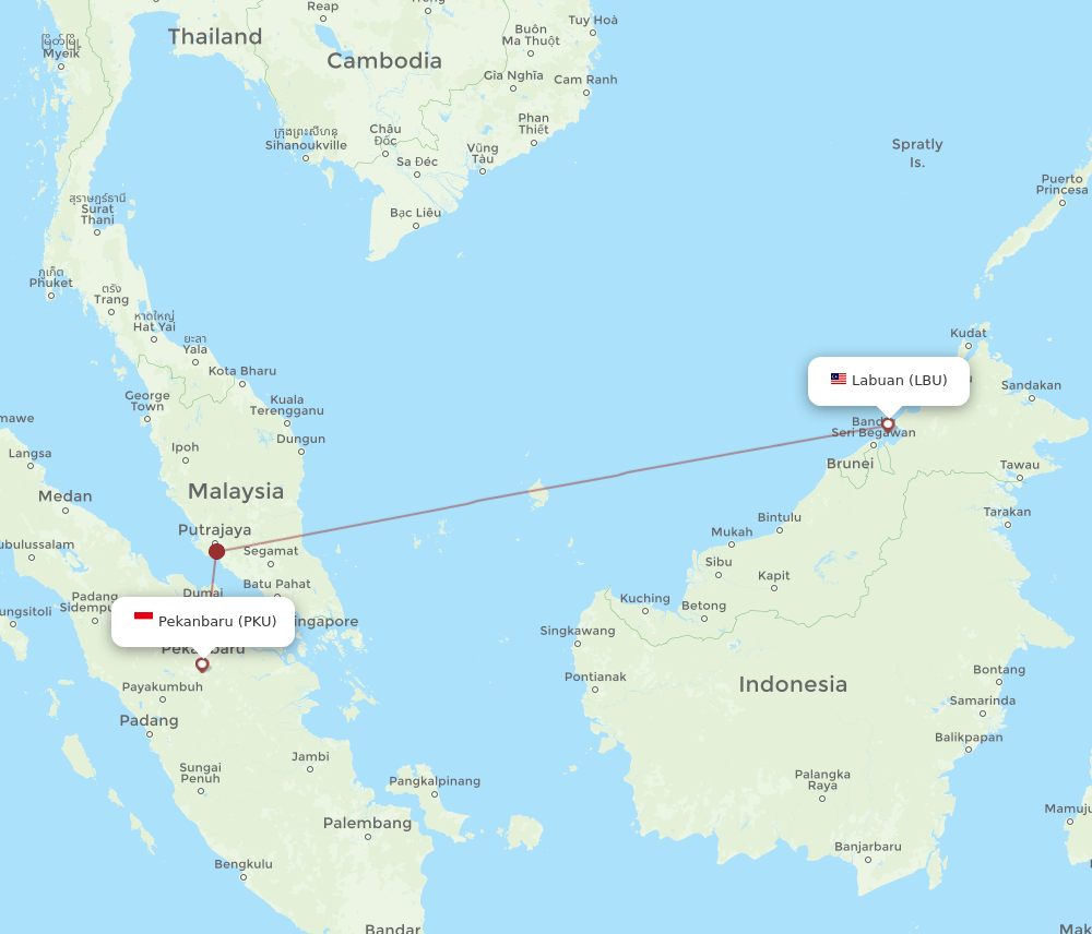 Pekanbaru - Labuan route map and flight paths