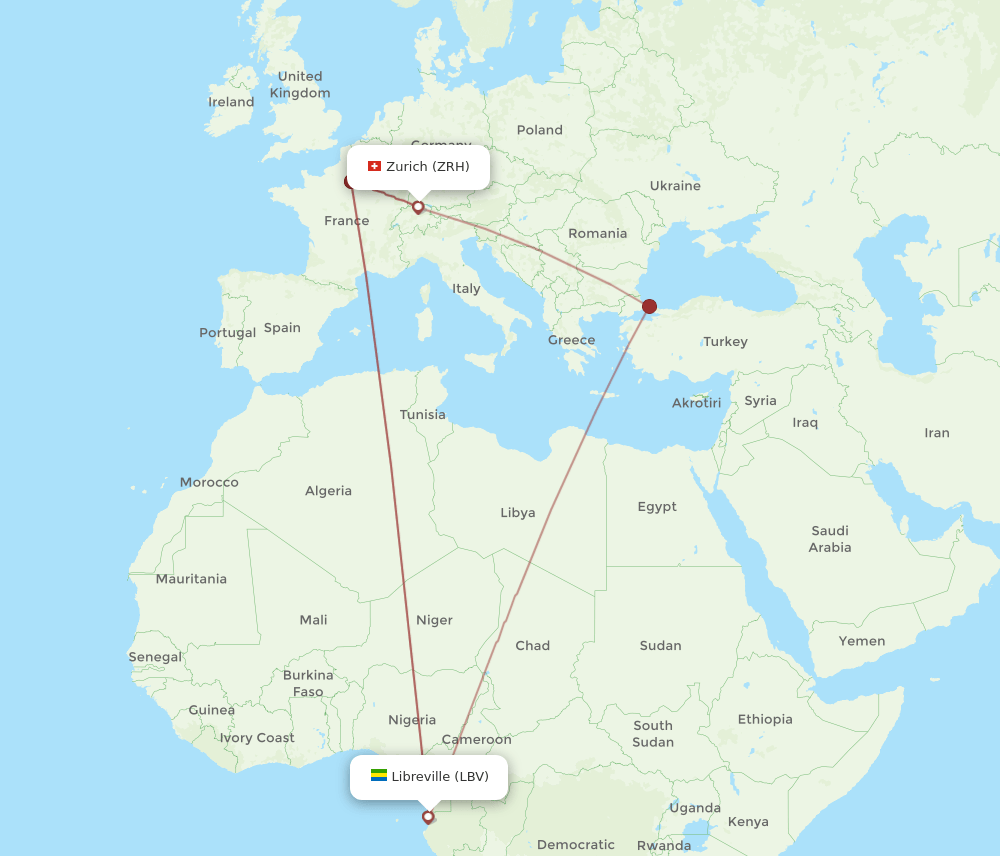 Zurich - Libreville route map and flight paths