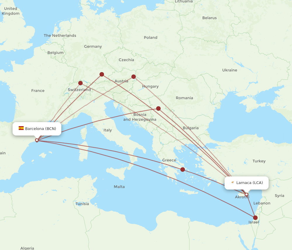 LCA to BCN flights and routes map