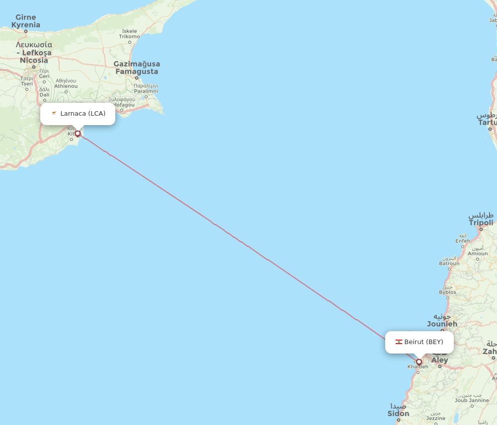 Larnaca - Beirut route map and flight paths
