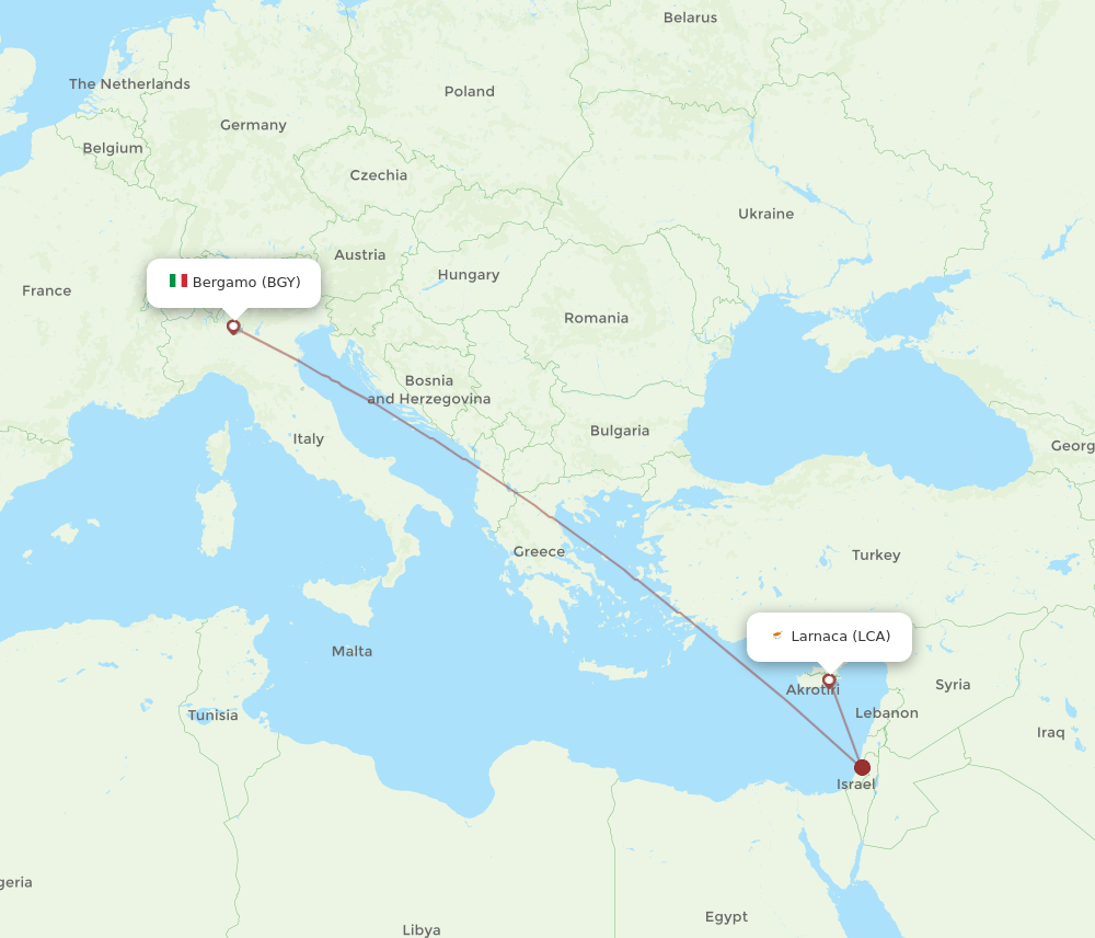 Larnaca - Milan route map and flight paths