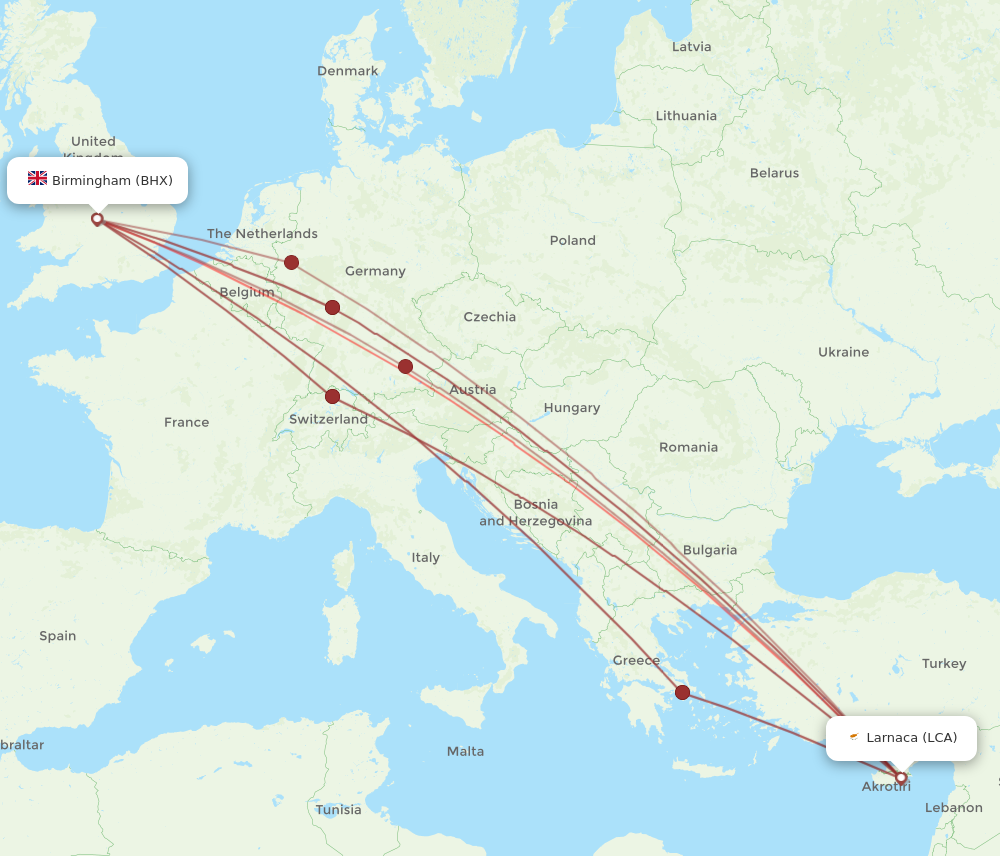 LCA to BHX flights and routes map