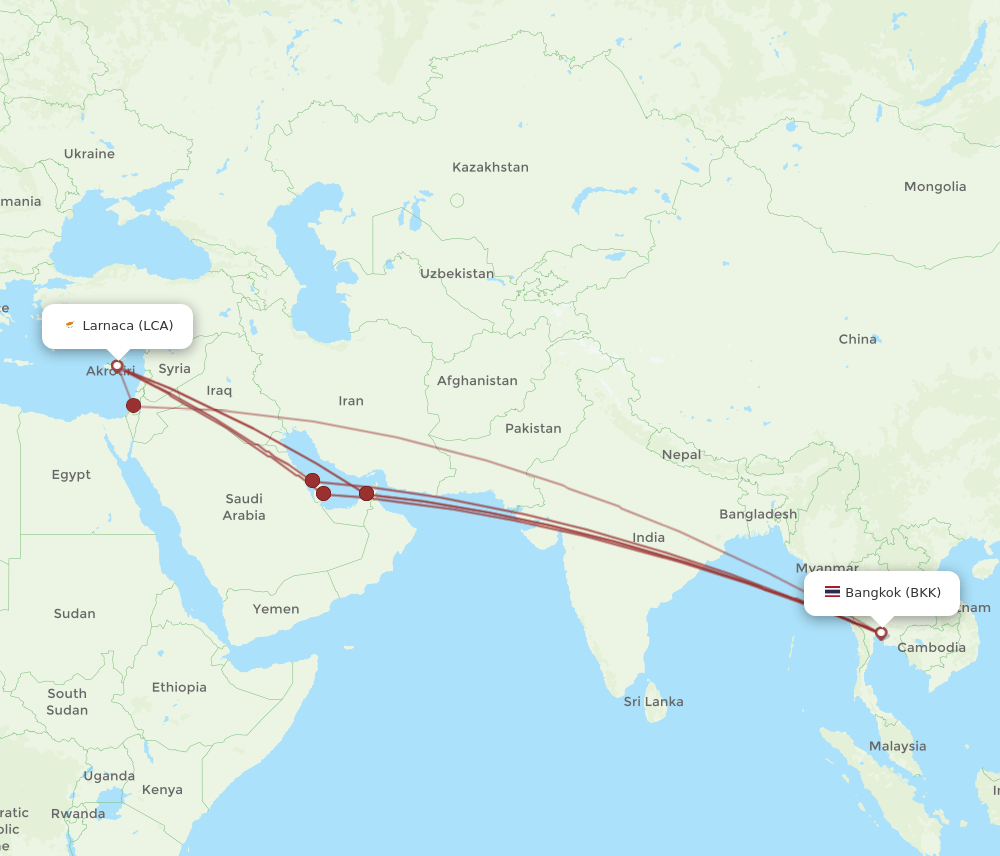 LCA to BKK flights and routes map