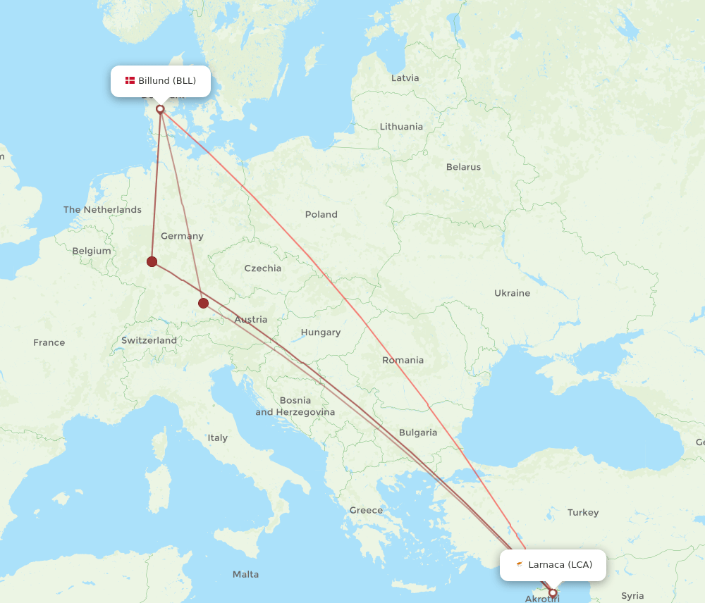 LCA-BLL flight routes