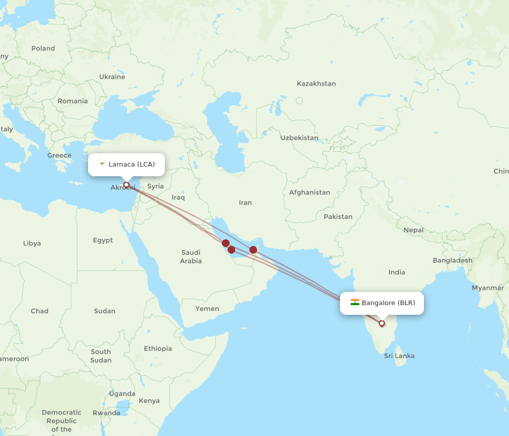 LCA to BLR flights and routes map