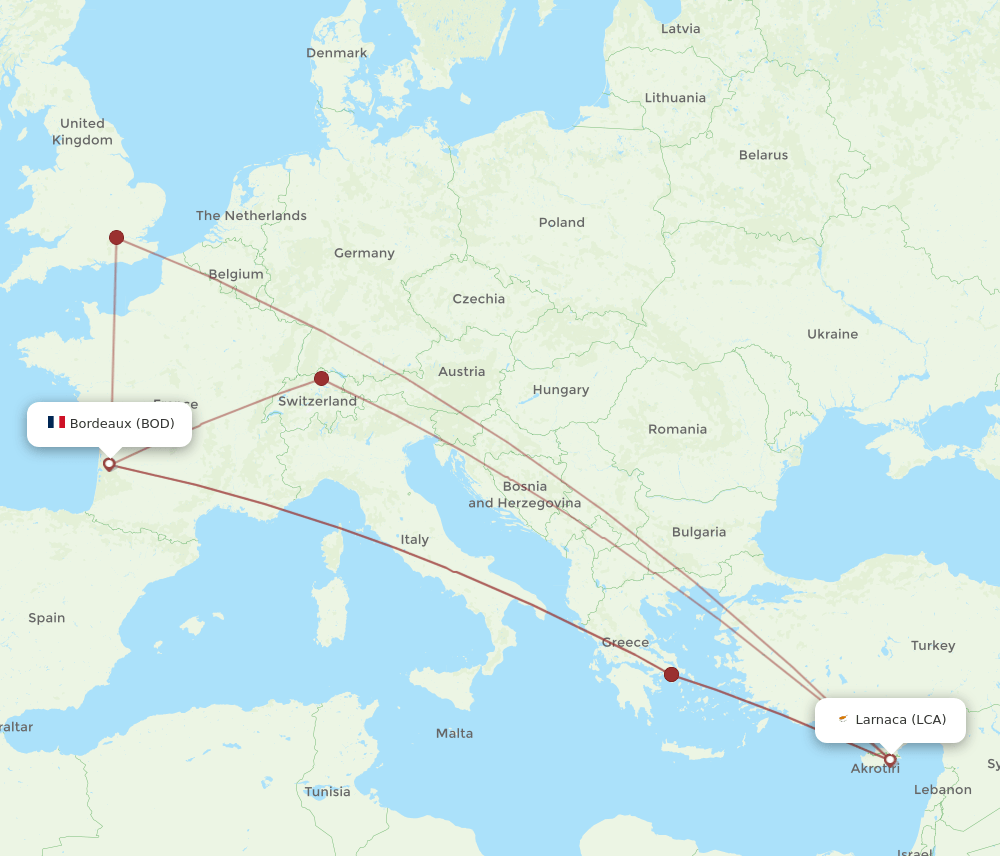 LCA to BOD flights and routes map