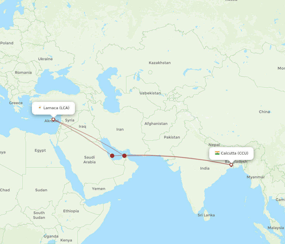 LCA to CCU flights and routes map