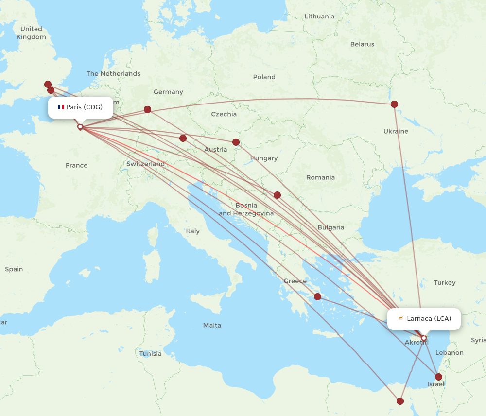 LCA to CDG flights and routes map