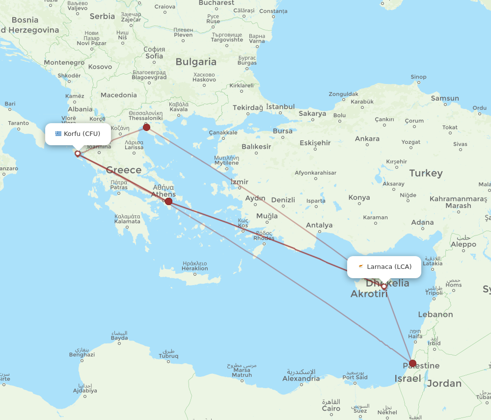 LCA to CFU flights and routes map