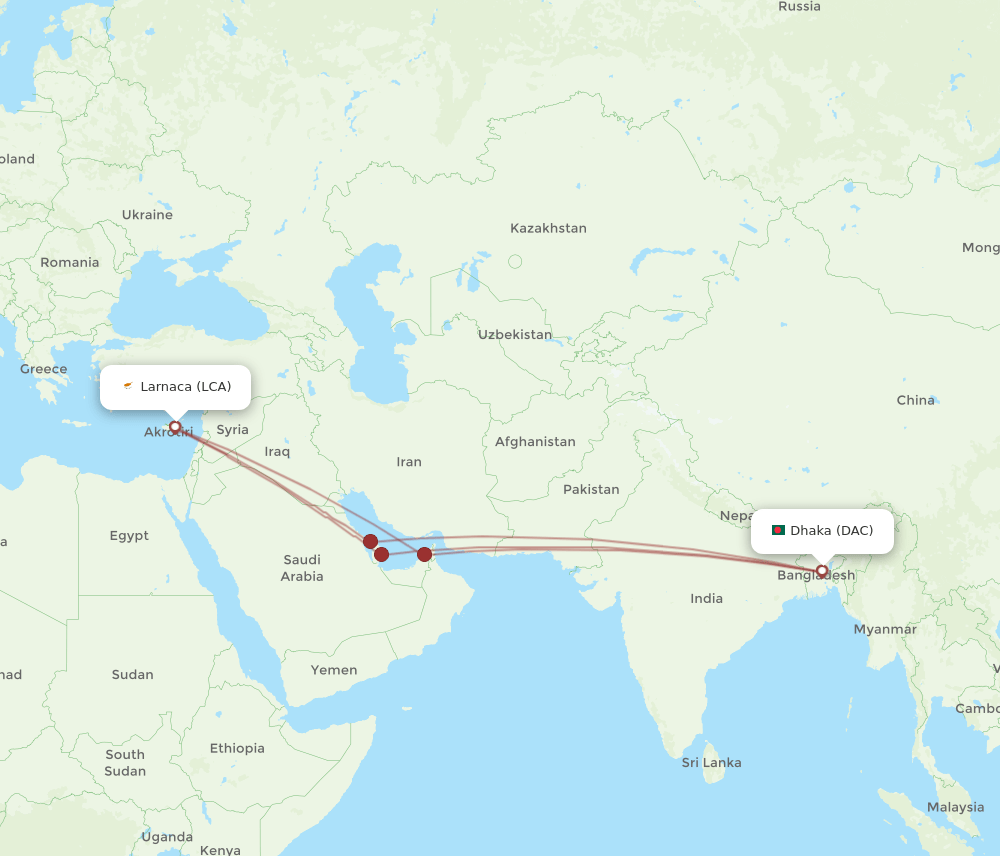 LCA to DAC flights and routes map