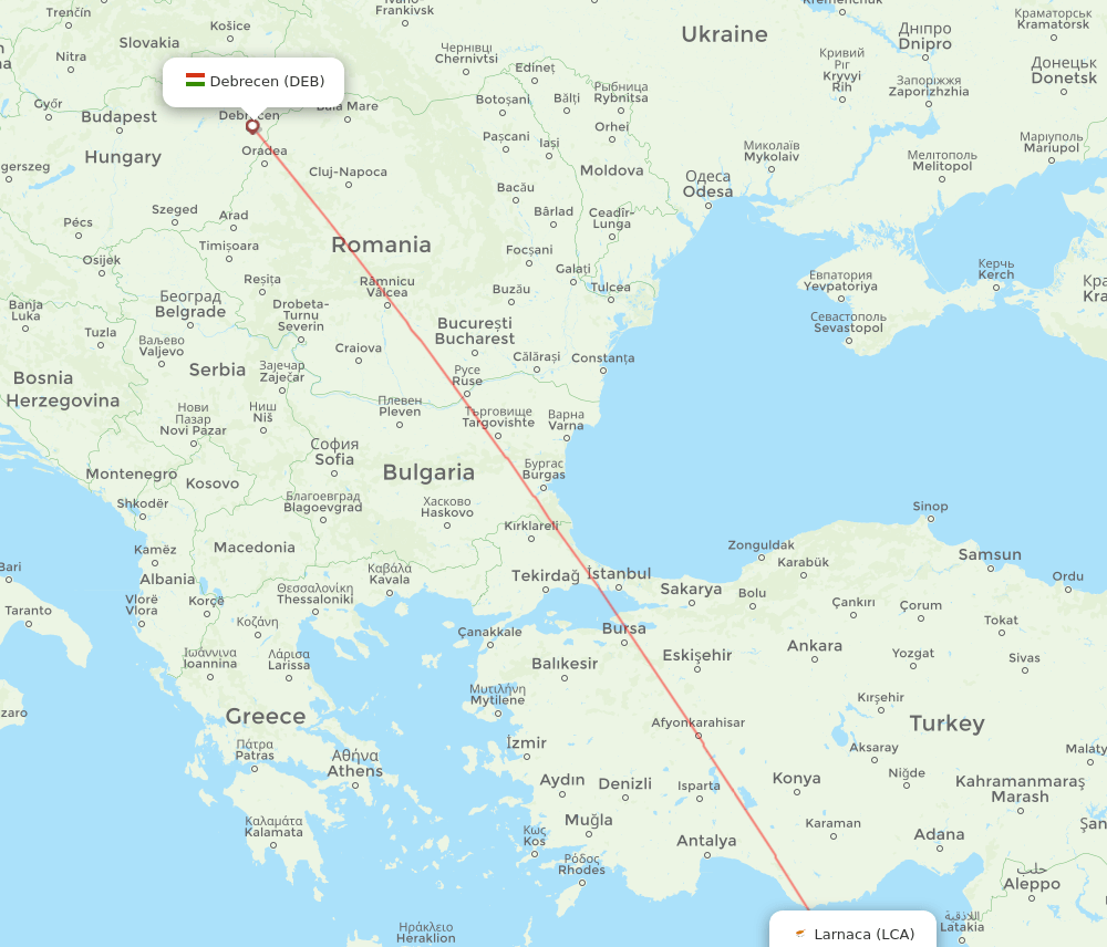 Larnaca - Debrecen route map and flight paths