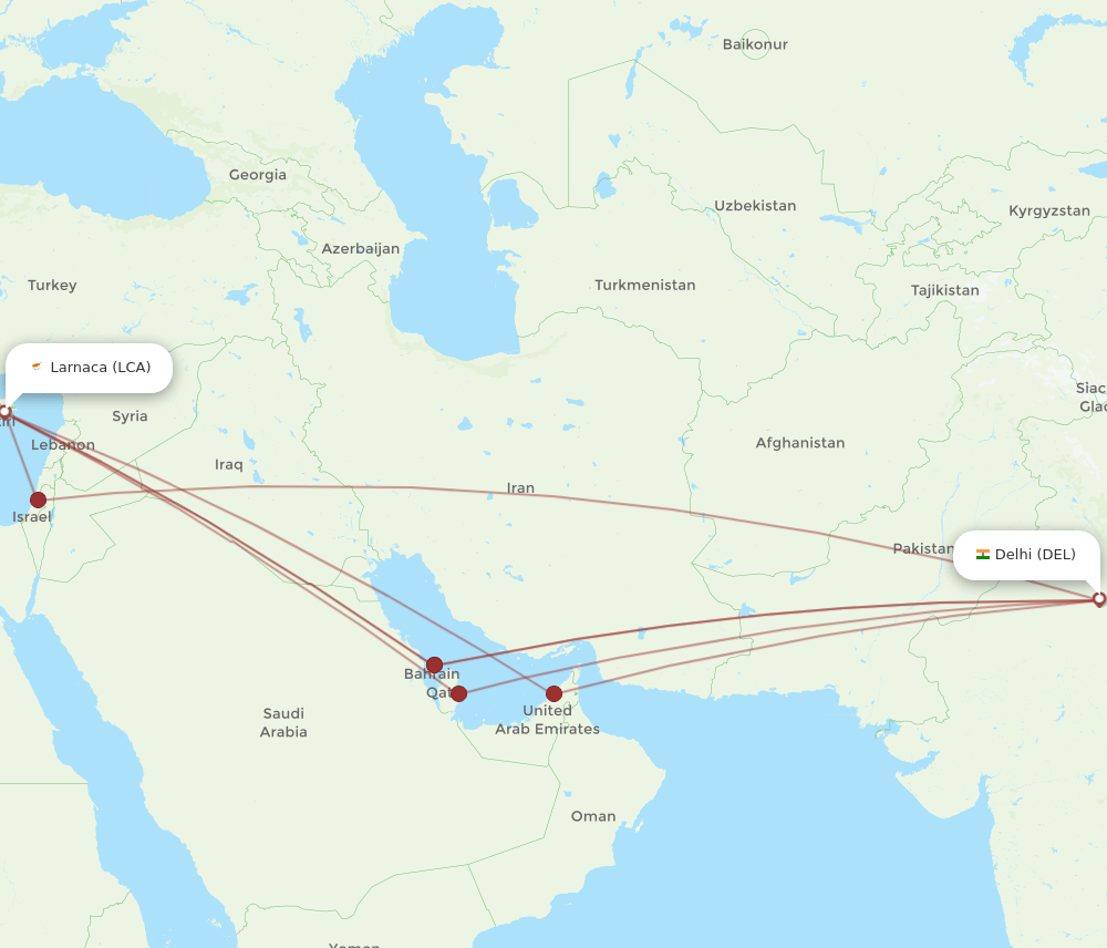 LCA-DEL flight routes