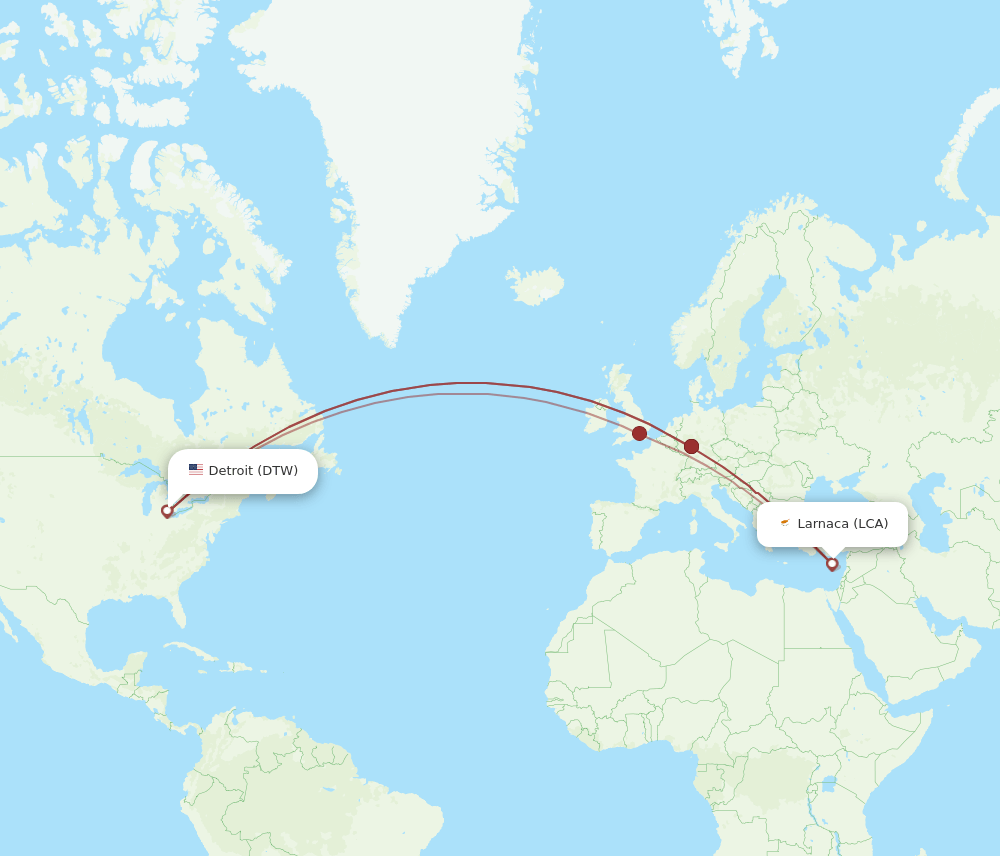 LCA-DTW flight routes