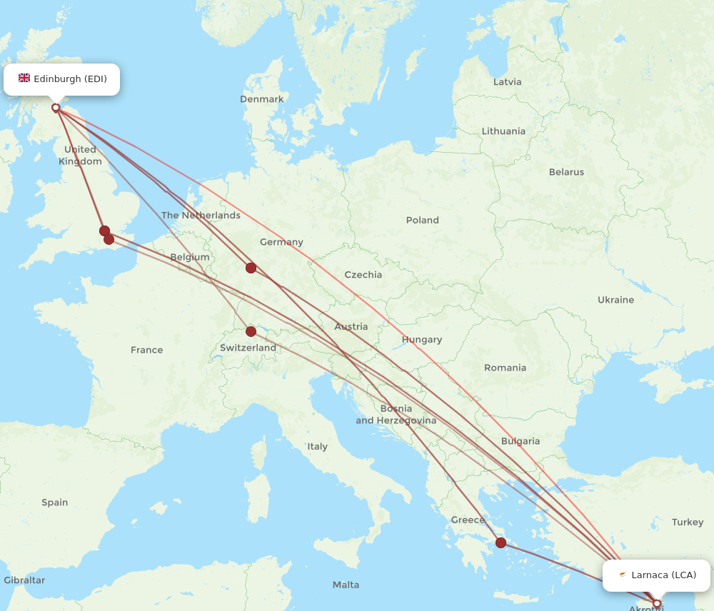 LCA to EDI flights and routes map