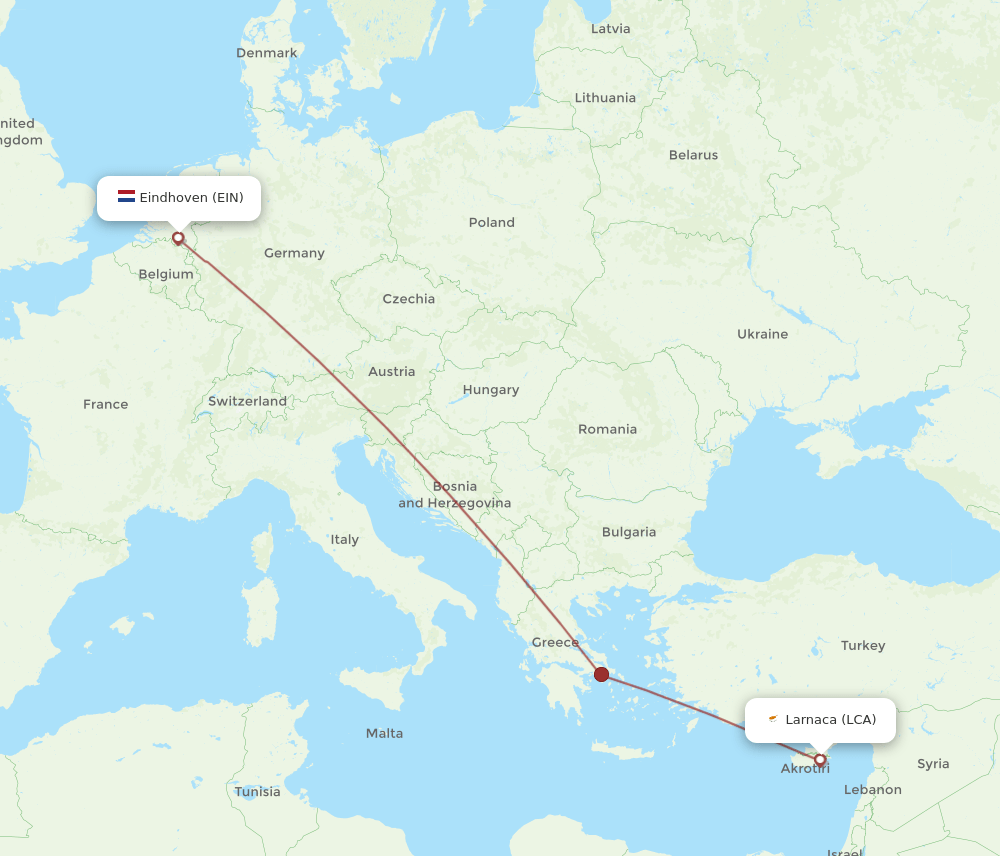 Larnaca - Eindhoven route map and flight paths