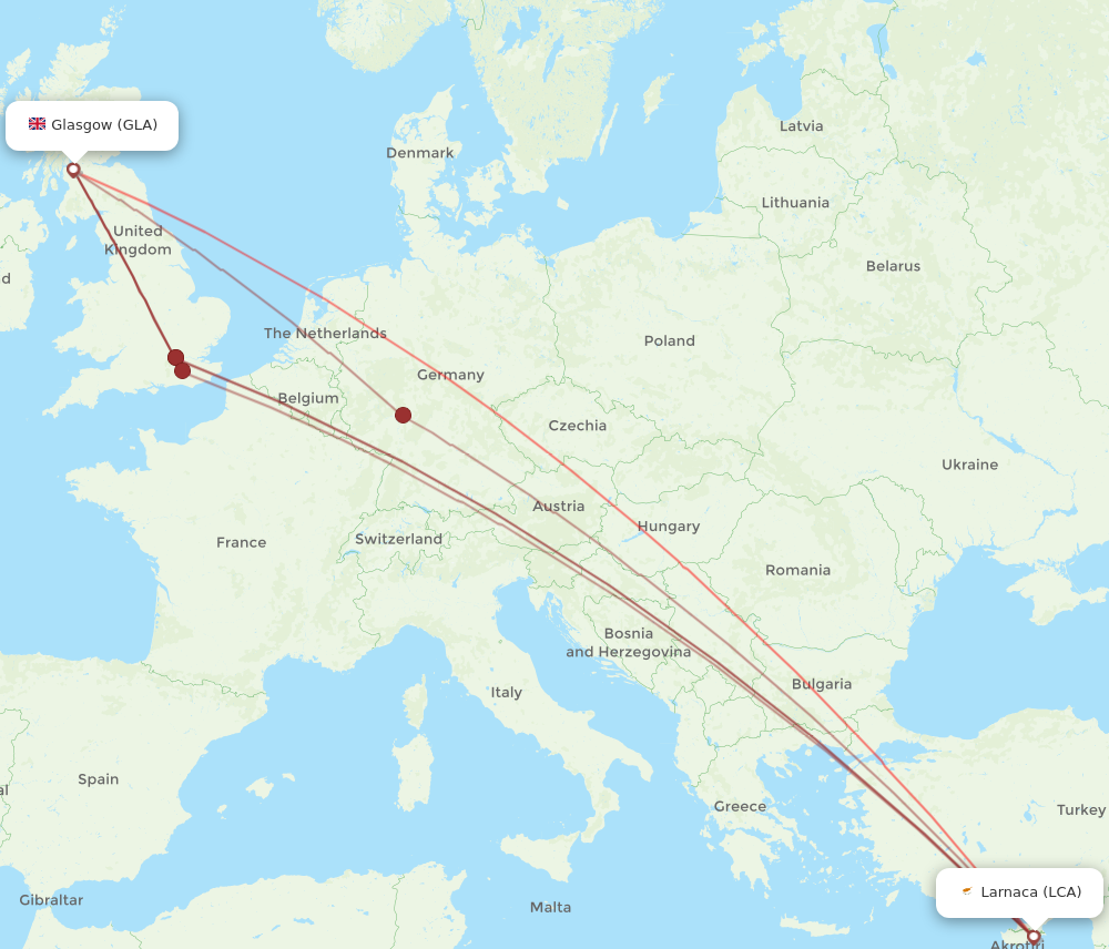 LCA to GLA flights and routes map