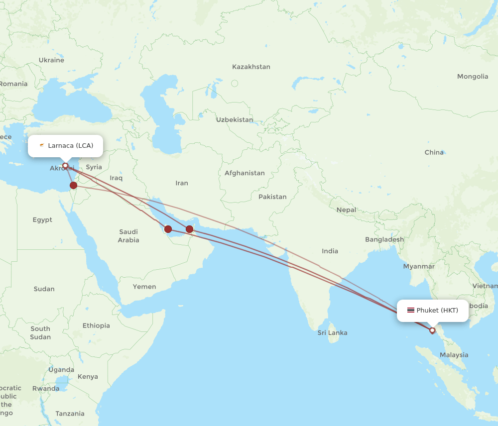 LCA to HKT flights and routes map
