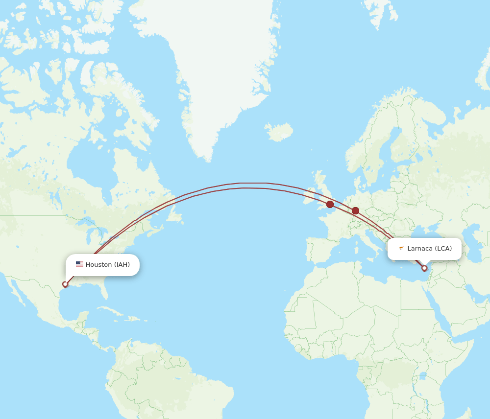 LCA-IAH flight routes