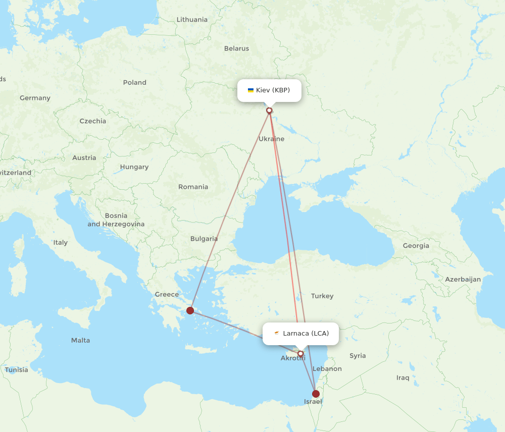 Larnaca - Kiev/Kyiv route map and flight paths