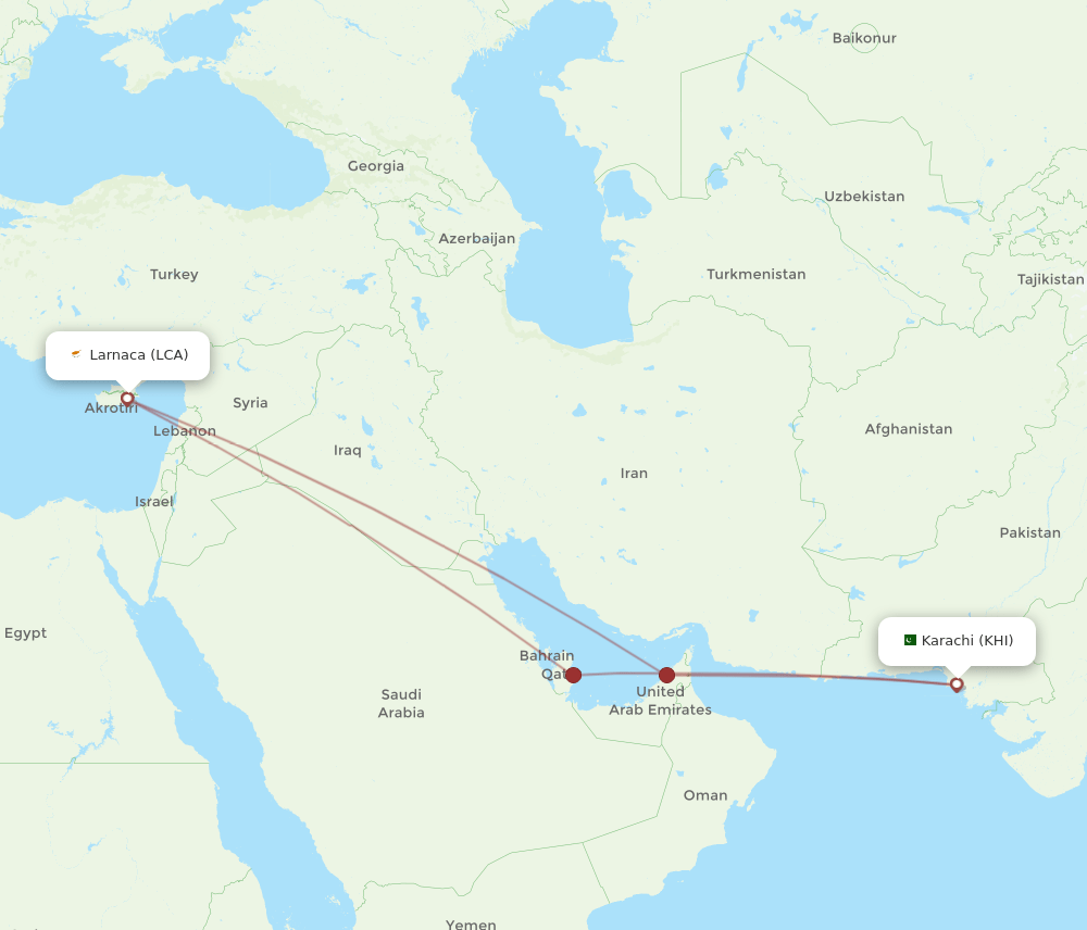 LCA to KHI flights and routes map