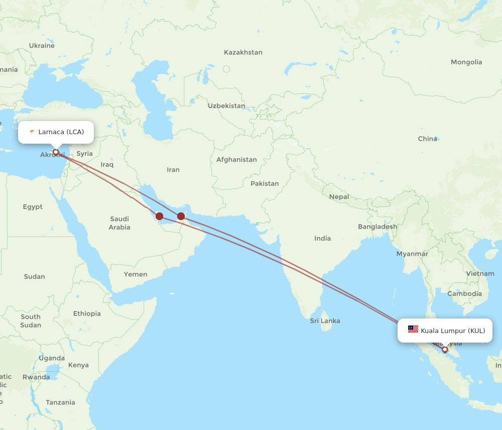 LCA to KUL flights and routes map