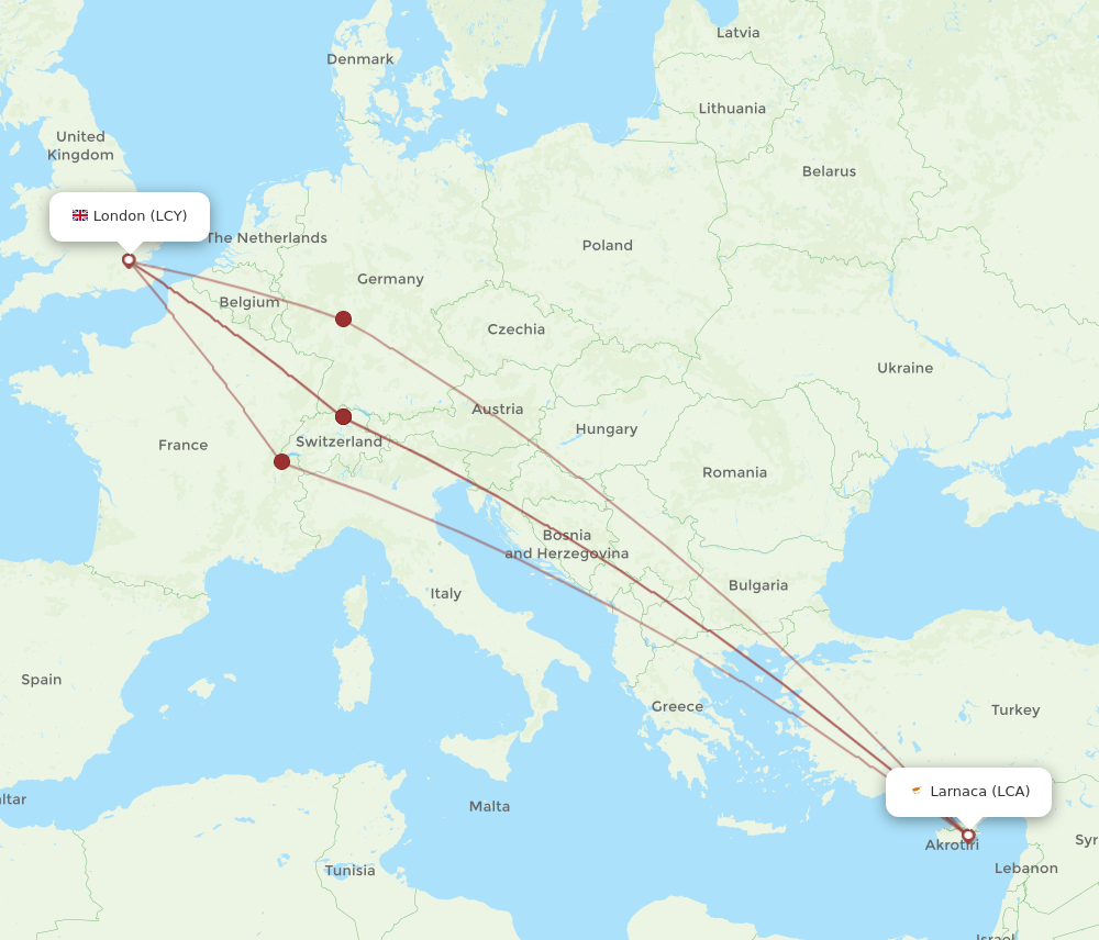 LCA to LCY flights and routes map