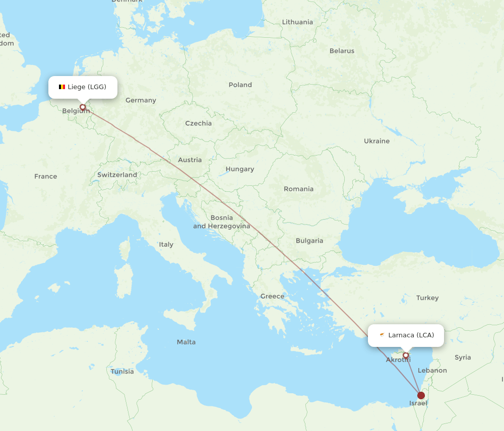 Larnaca - Liege route map and flight paths