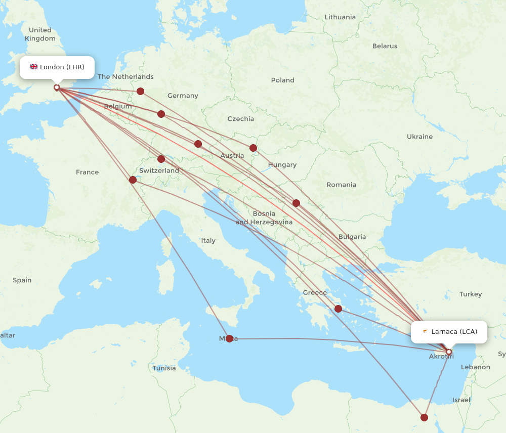 LCA to LHR flights and routes map