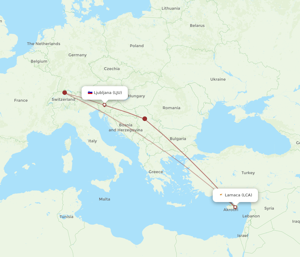 LCA to LJU flights and routes map