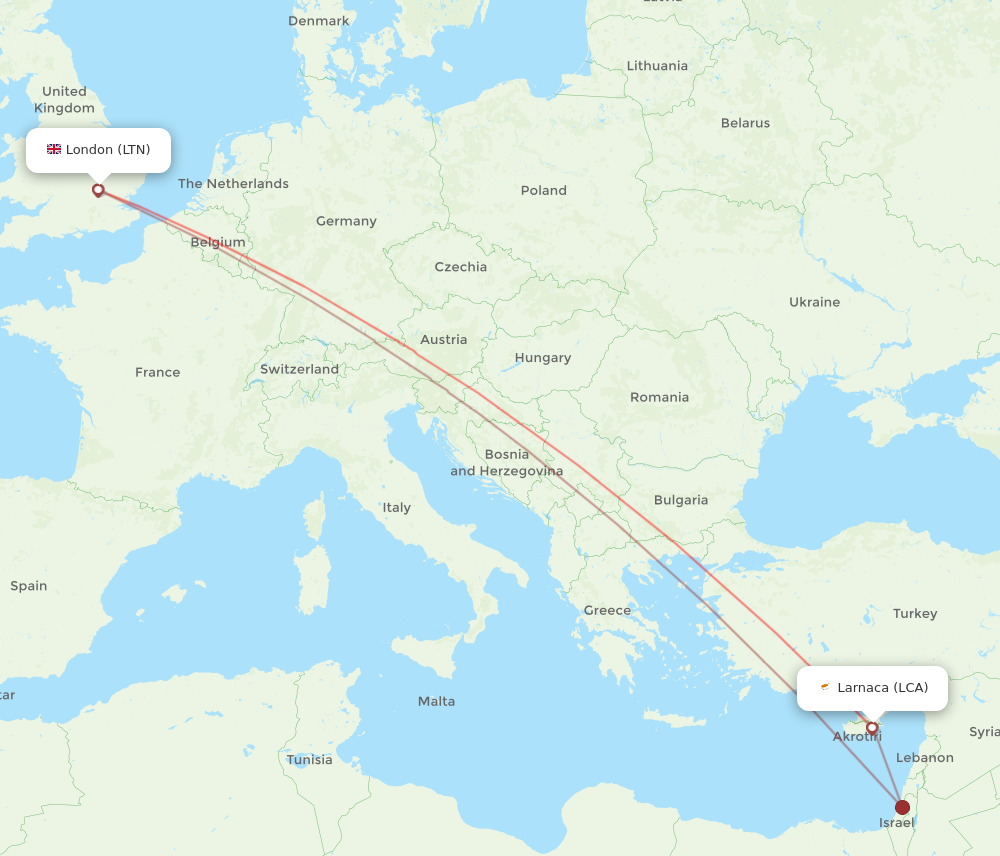 LCA to LTN flights and routes map