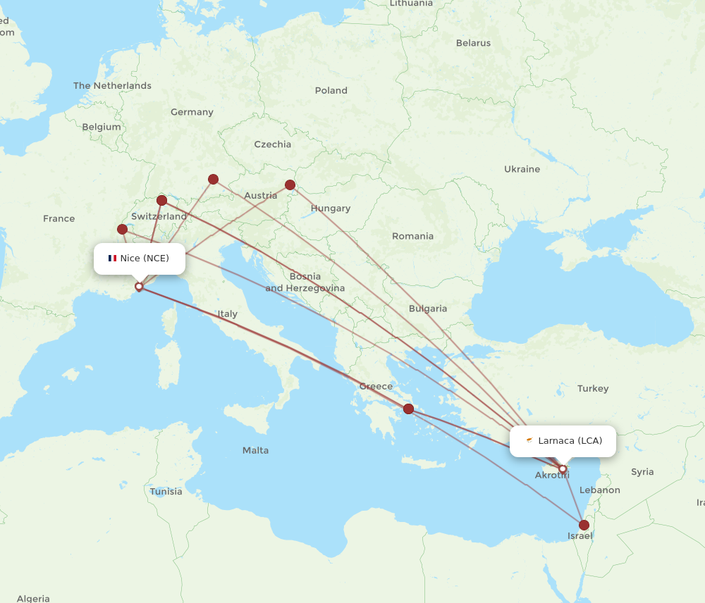 LCA to NCE flights and routes map