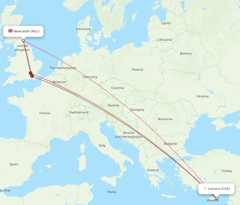 LCA to NCL flights and routes map