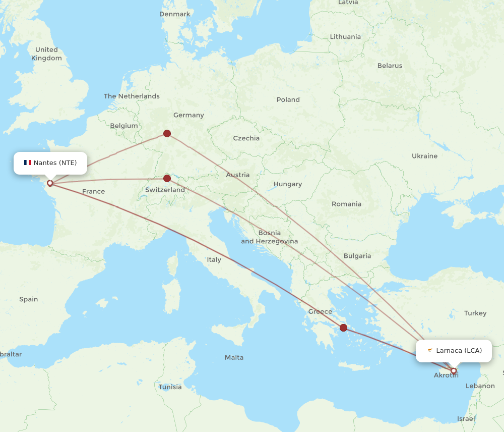LCA to NTE flights and routes map