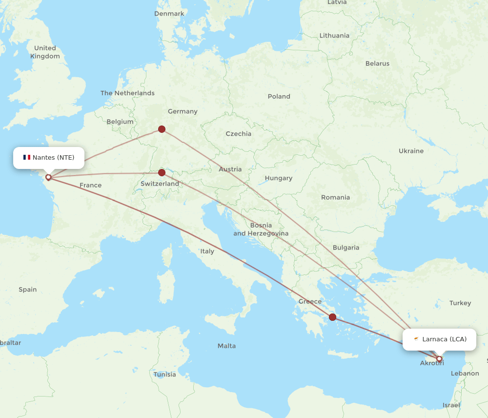 LCA to NTE flights and routes map