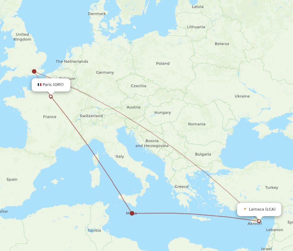 LCA to ORY flights and routes map