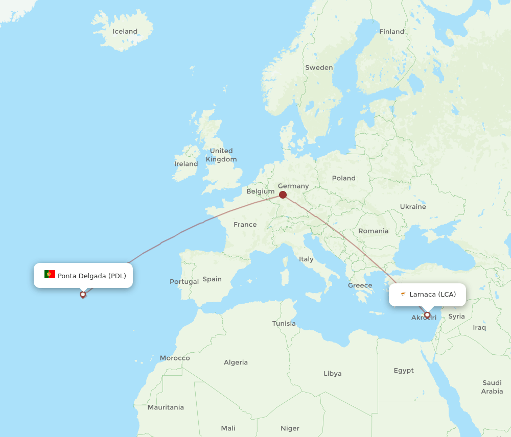 Ponta Delgada (Azores) - Larnaca route map and flight paths