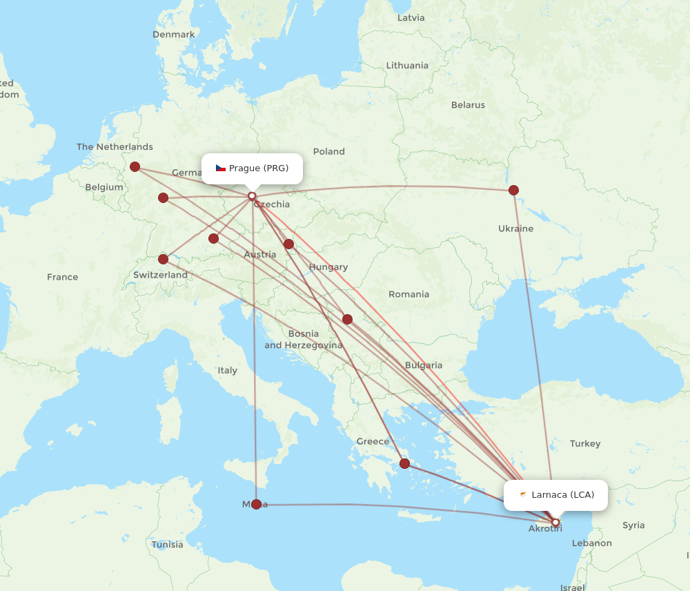 LCA to PRG flights and routes map