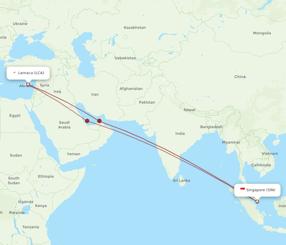 LCA-SIN flight routes