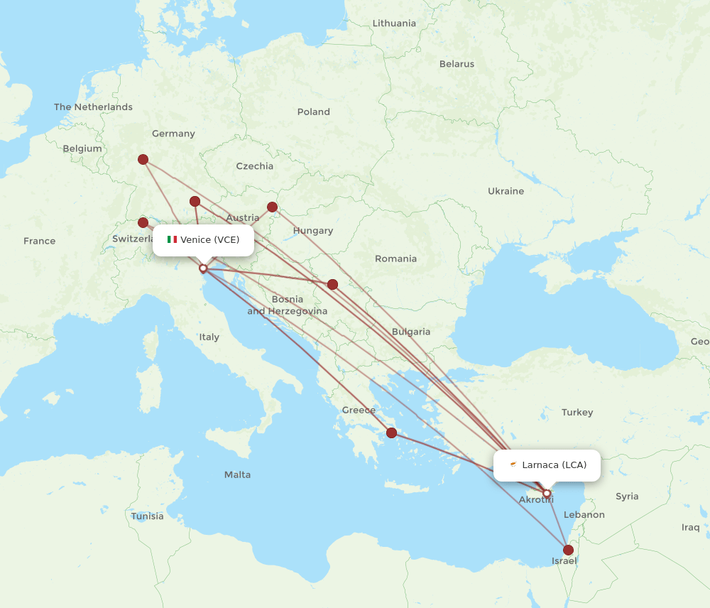 LCA to VCE flights and routes map