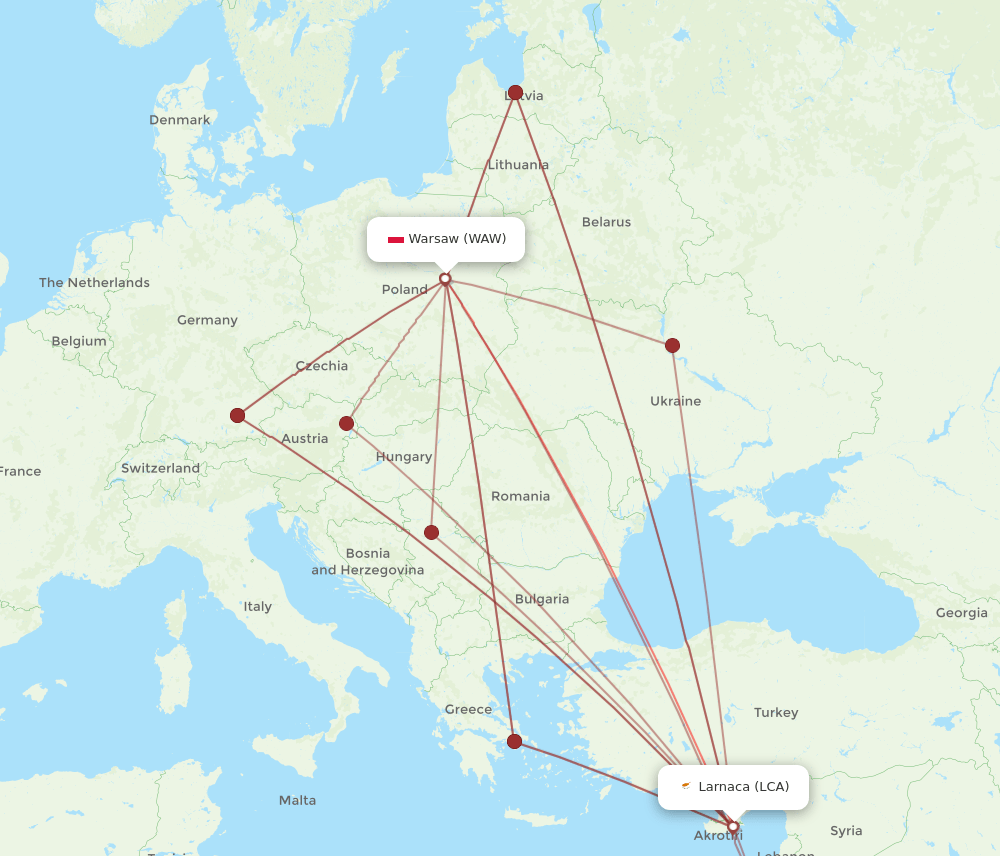 LCA to WAW flights and routes map